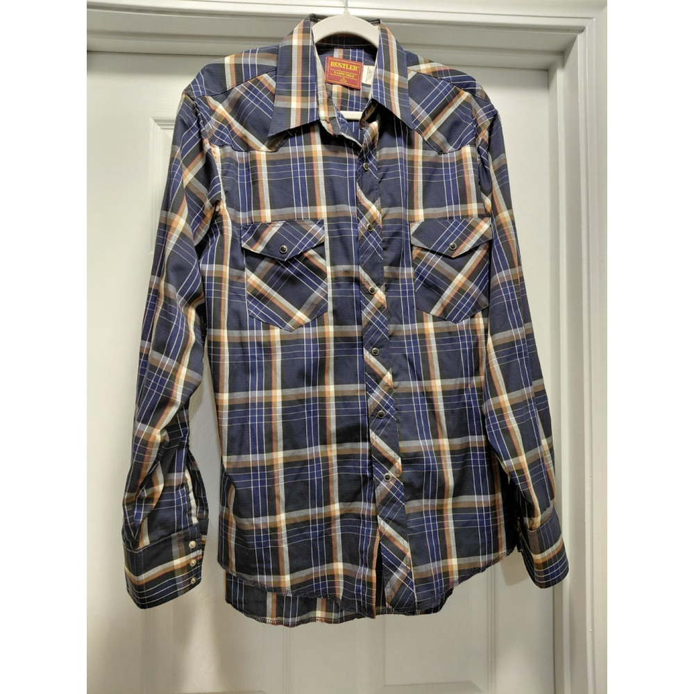 Vintage Rustler Shirt Mens 16.5 32/33 Blue Plaid Western Pearl Snap X Long Tails